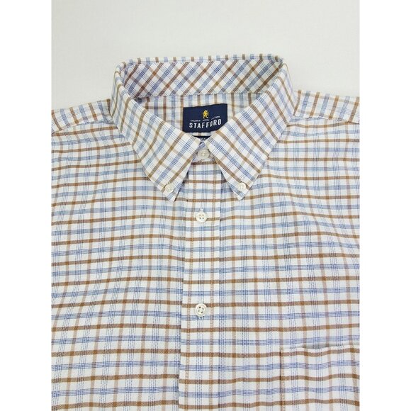 Stafford Regular Fit Size 17 32-33 White Blue Camel Button Down Oxford Shirt - Picture 1 of 8